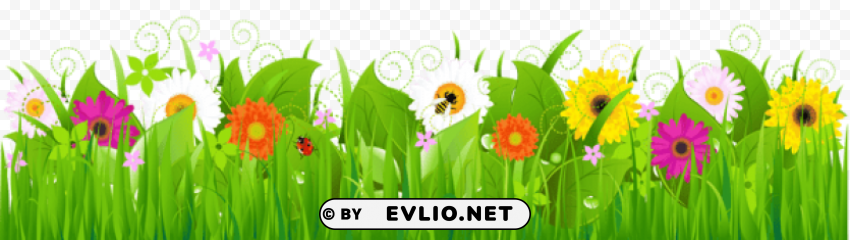 grass with flowers and bee Isolated Design on Clear Transparent PNG