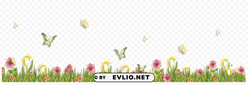 grass with butterflies and flowers Isolated Item on Transparent PNG Format