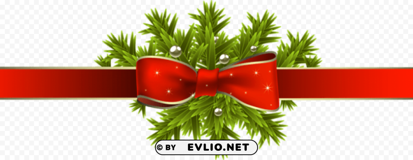red christmas ribbon with pine branches Isolated Object with Transparent Background in PNG