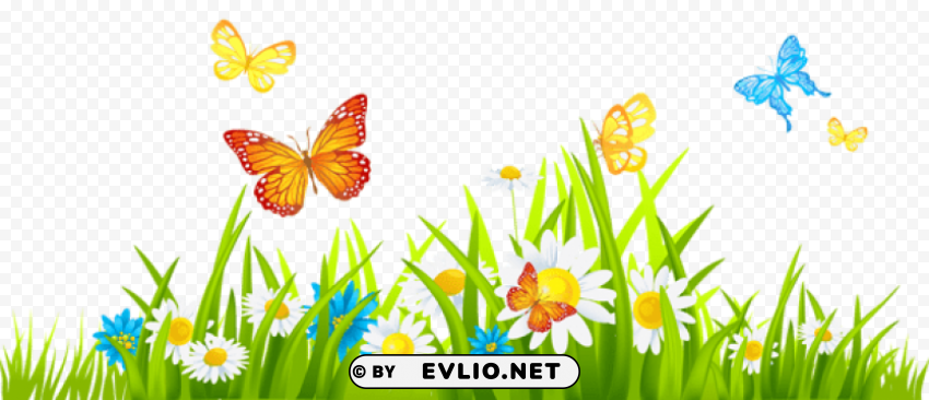 grass ground with flowers and butterflies Isolated Object on Transparent Background in PNG