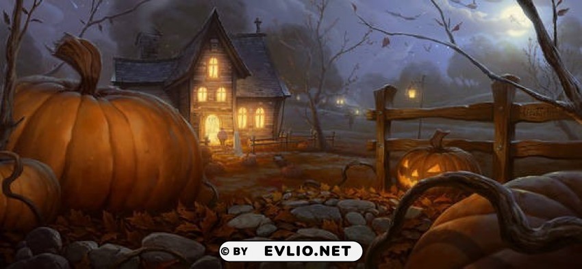 halloween big pumpkin and house PNG format