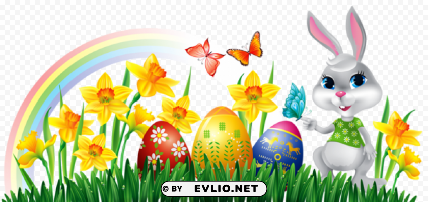 easter bunny with daffodils eggs and grass decorpicture PNG for overlays