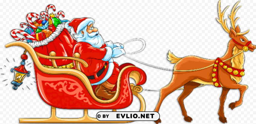  santa with sleigh and deer Transparent Background PNG Isolated Art