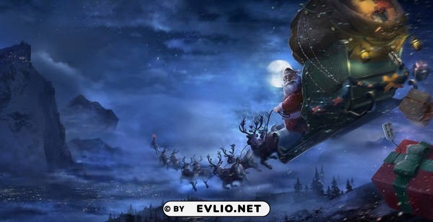 santa with sleigh and reindeers in the sky christmas ClearCut Background PNG Isolation