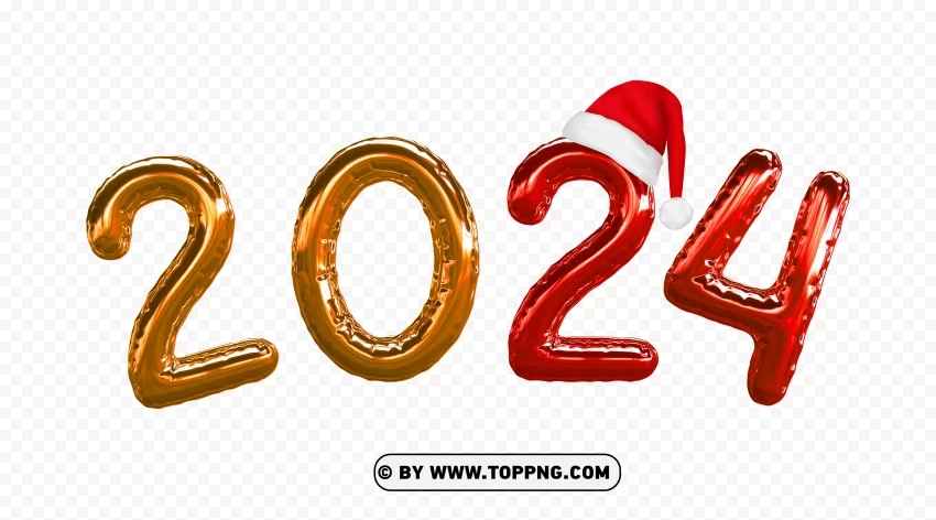 Transparent Of 2024 Yellow Gold And Red Balloons Style With Santa Hat PNG Design