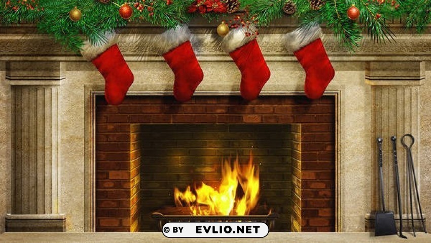 christmas fireplace and christmas stockings ClearCut Background Isolated PNG Design