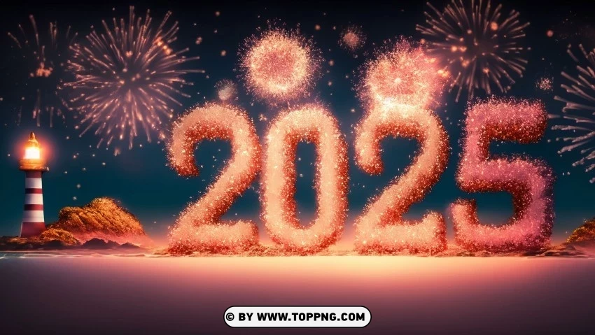New Year 2025 With Beautiful Fireworks lighthouse at twilight glowing amber light serene coastal setting PNG images with no background essential