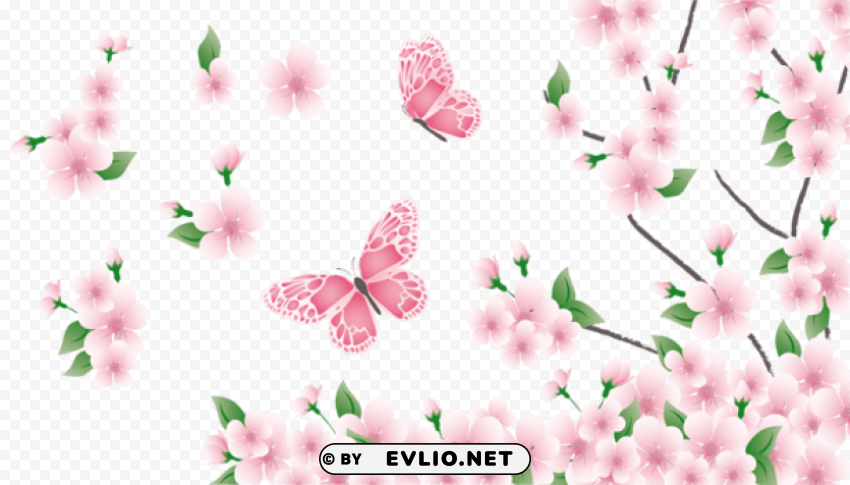 spring branch with pink flowers and butterflies PNG Image Isolated with HighQuality Clarity