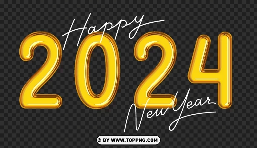 Gold Happy New Year 2024 Balloons & Clipart PNG Graphic with Clear Isolation