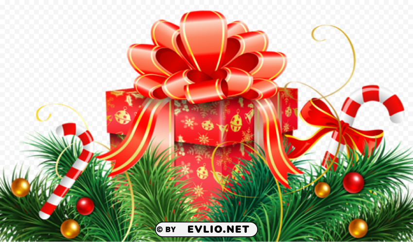 christmas decoration with candy canes and red gift PNG Image with Clear Isolated Object