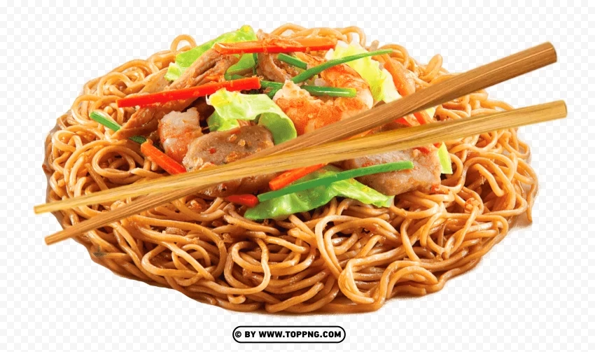 chinese fusion spaghetti pasta plate with chopsticks PNG images with alpha transparency selection