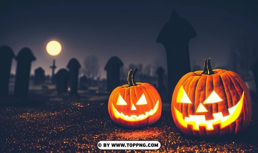 Cemetery Night Scene Halloween Pumpkins Wallpaper PNG Files With Transparent Backdrop