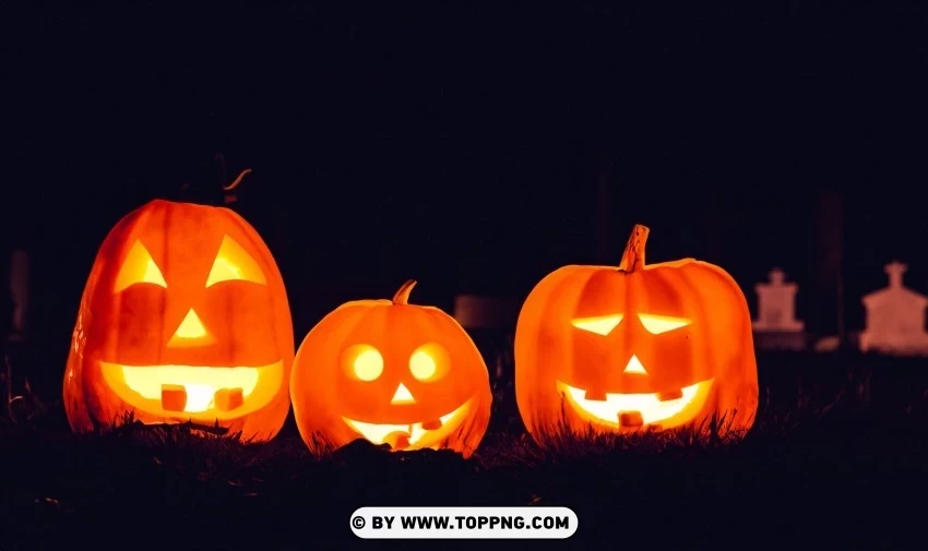 Eerie Nighttime Cemetery Halloween Pumpkins Wallpaper PNG for business use