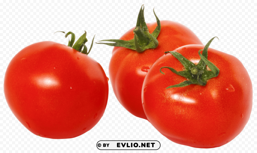 three tomatoes with green leaves PNG Graphic Isolated with Clarity