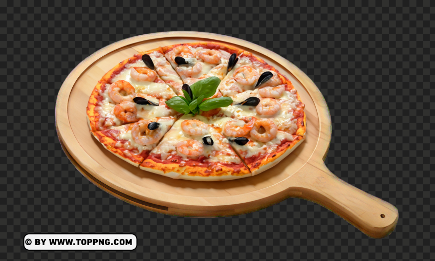 Delectable Seafood Pizza Image on Wooden Plate HD PNG for digital art