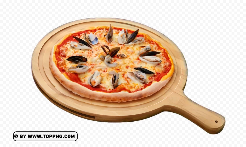 Gourmet Seafood Pizza on a Rustic Dish HD Transparent Image PNG for educational use