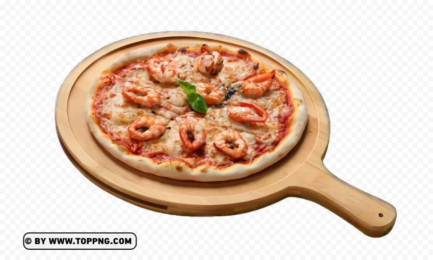 Savory Seafood Pizza on a Wooden Platter Transparent PNG for mobile apps