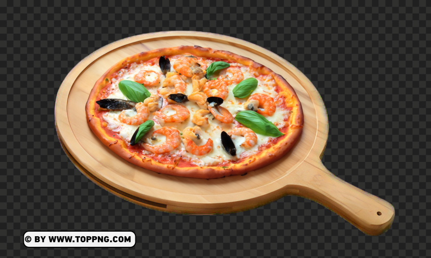 Scrumptious Seafood Pizza on Wooden Plate HD Image PNG for online use - Image ID 02763d8b