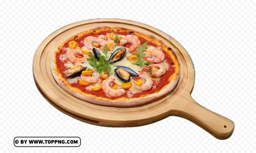 Tasty Seafood Pizza on Wooden Background with High Quality PNG for overlays
