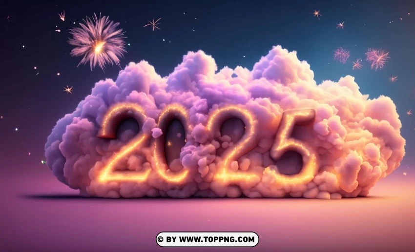 2025 in the form of clouds surrounded by fireworks beautiful in the sky background PNG Isolated Subject with Transparency