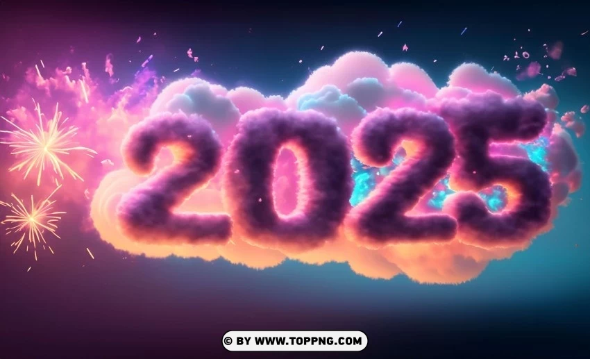 2025 surrounded by fireworks Cloud figure Beautiful in the sky PNG no background free