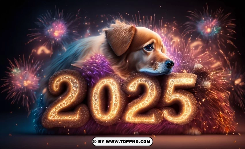 Happy New Year 2025 surrounded by fireworks and Rococo-style dog PNG images with no background assortment