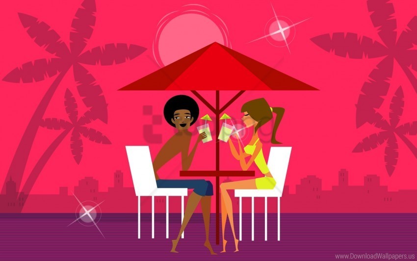 beach cocktails girls palm trees table umbrella wallpaper Isolated Illustration in Transparent PNG