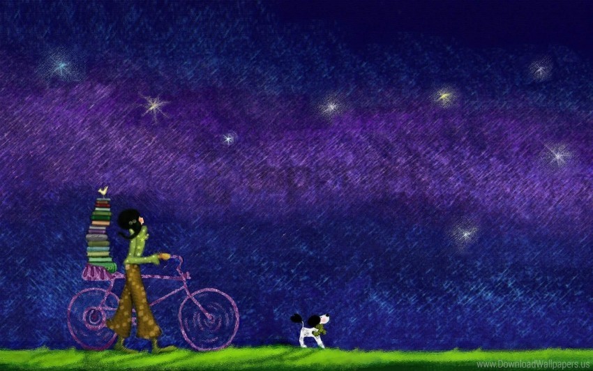 bike books dog evening girl grass sky wallpaper PNG with Isolated Transparency