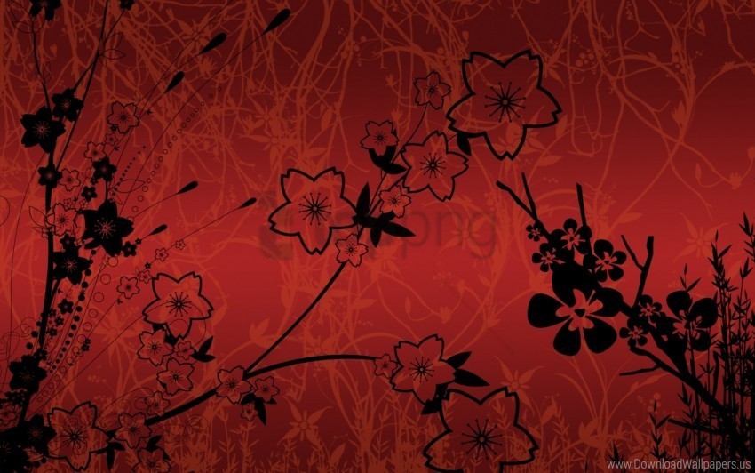 black flowers leaves red stalk wallpaper PNG Image with Clear Background Isolation