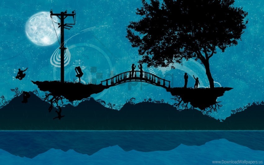 Bridge People River Silhouette Trees Wallpaper PNG Isolated Design Element With Clarity