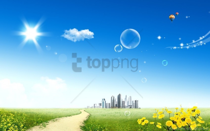 bubble city dandelions distance sky sun wallpaper High-resolution PNG images with transparency