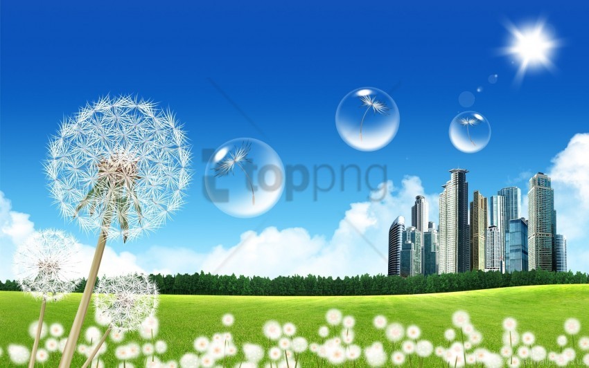 bubbles city dandelion flying wallpaper PNG Isolated Object on Clear Background