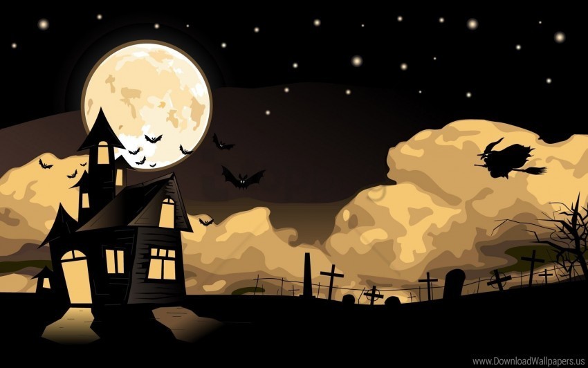 castle flying halloween house moon sky witch wallpaper PNG Image with Isolated Transparency