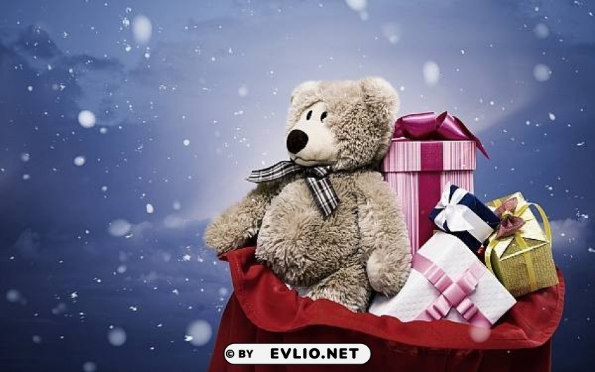 christmas wallpaper with teddy bear and gifts Transparent PNG Isolated Item