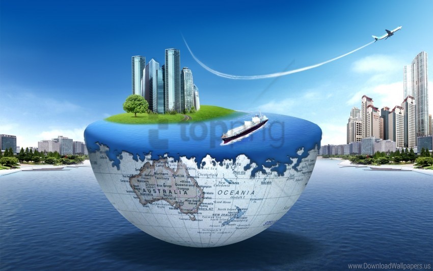 city earth globe ocean plane wallpaper Clean Background Isolated PNG Design