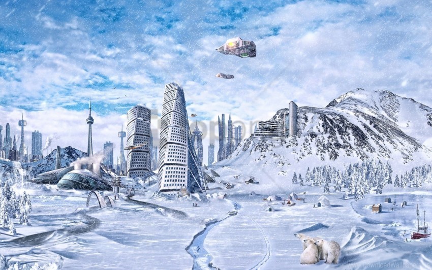 city future planet science fiction snow winter world wallpaper PNG no watermark