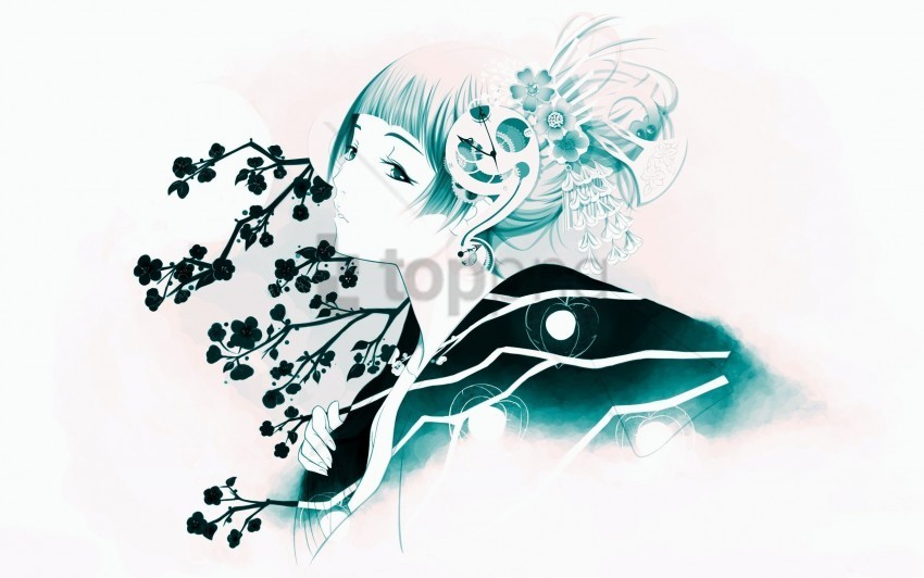 flowers girl oriental wallpaper PNG file with no watermark