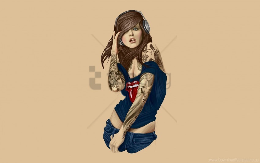 girl headphones shorts tattoos t-shirt wallpaper PNG images with alpha transparency layer