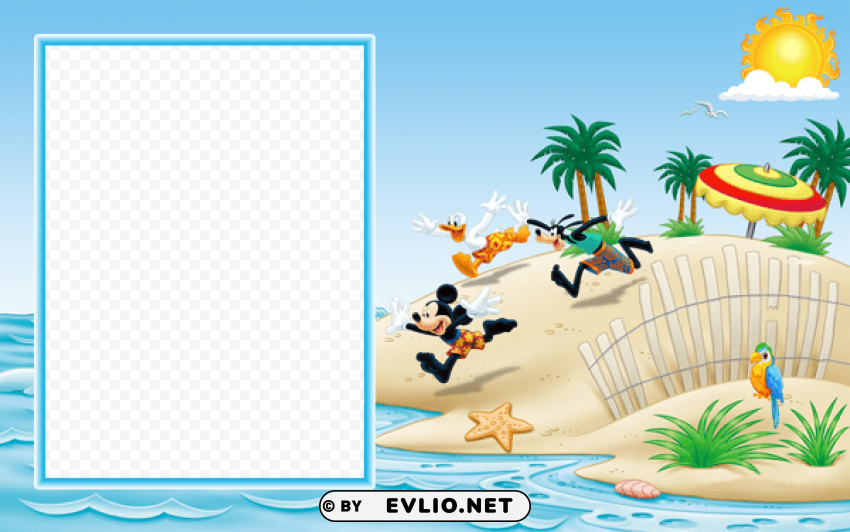 mickey mouse and friends on the beach photo frame Isolated Subject in Clear Transparent PNG