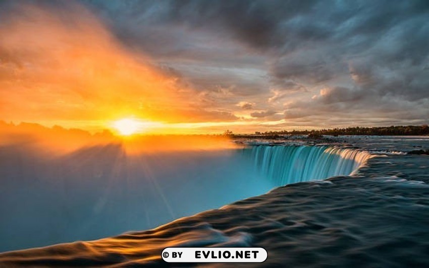 Sunset Over The Waterfall Wallpaper PNG Isolated