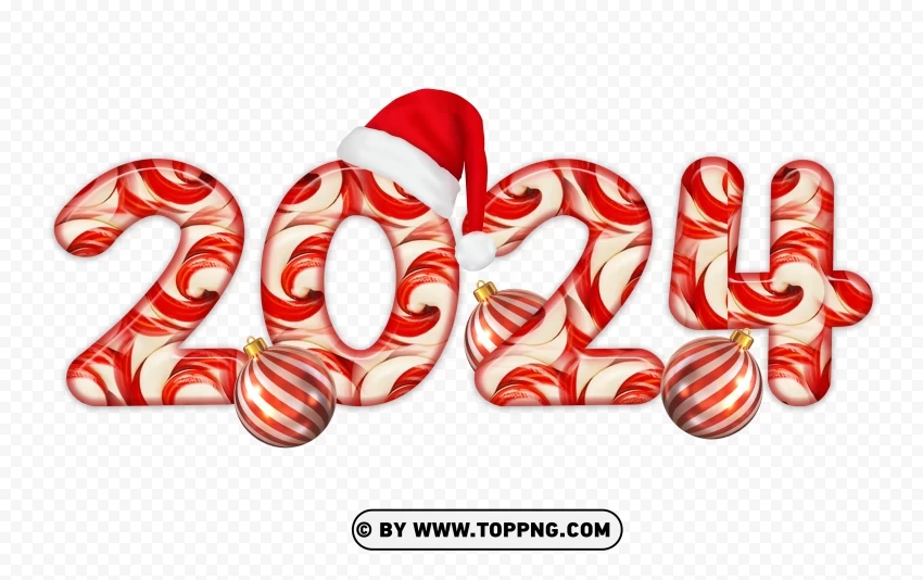 New Year Red 2024 Candy Design With Santa Hat And Balls Holiday Isolated PNG Element with Clear Transparency