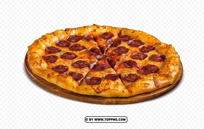 Delicious Pizza on wooden plate on transparent background PNG images with alpha channel selection