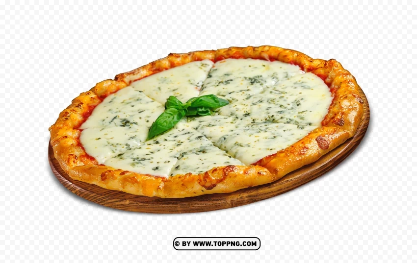 Gourmet Cheese Pizza Served on a Wooden Plate PNG images for websites - Image ID a12225db