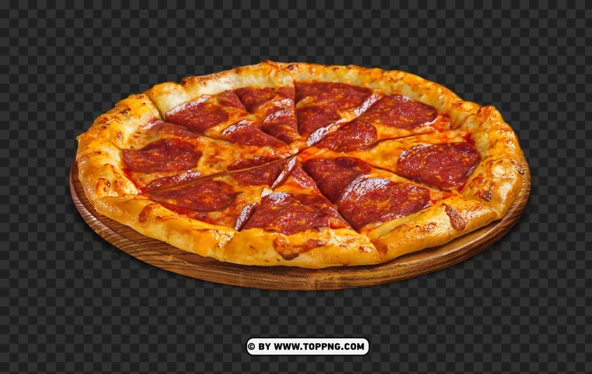Pepperoni pizza on wooden plate on transparent background PNG images with alpha mask - Image ID a9782a8f