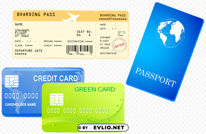 credit cards ticket and passport PNG for presentations