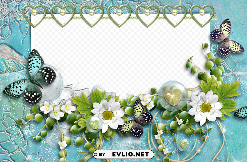 aquamarine frame with butterflies hearts and flowers Transparent PNG image free