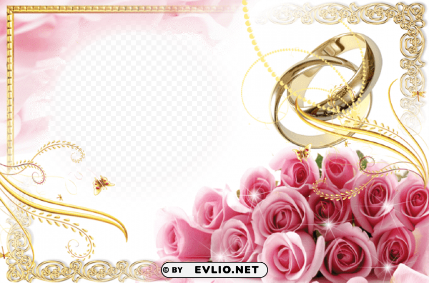 transparent wedding frame with rings and pink roses PNG Image Isolated on Clear Backdrop