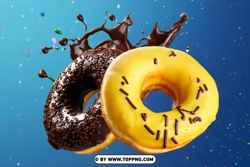 Airborne Sweetness Yellow and chocolate Doughnuts with Sprinkles on Blue Clear Background Isolated PNG Icon - Image ID 99152e85