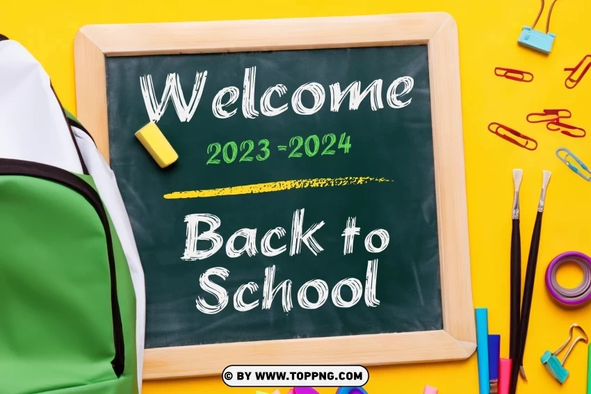 Back to school 2023 -2024 poster Green Board Yellow background picture PNG Image Isolated with Transparency
