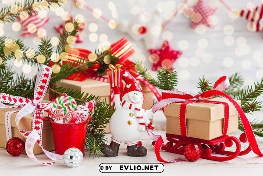 Beautiful Christmaswith Gifts And Snowman Clear Background PNG Graphics